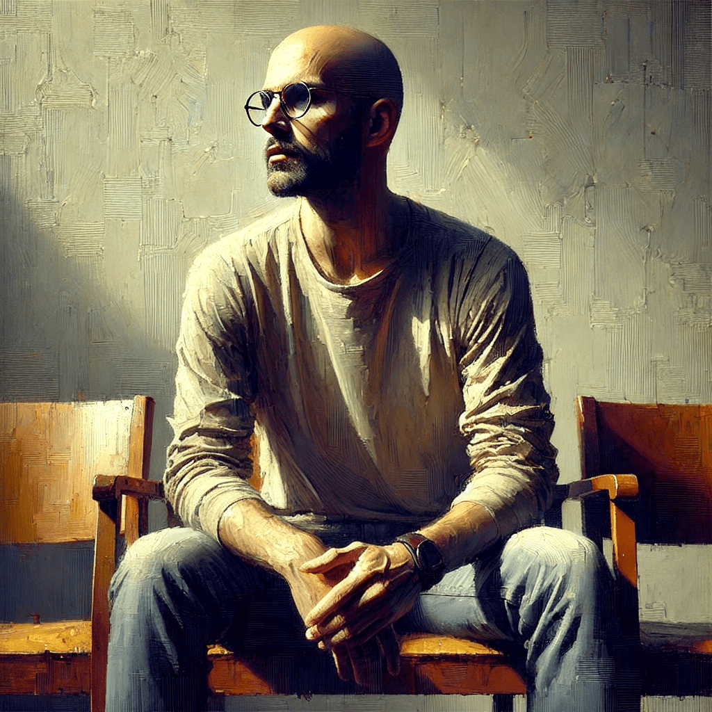 A man with a goatee and glasses sits alone on a wodden chair
