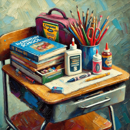 Abstract oil painting of a school desk with supplies on top